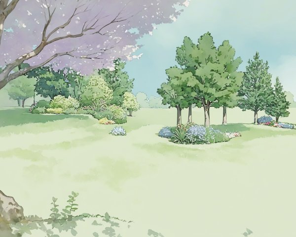 Serene Landscape with Green Trees and Flower Beds