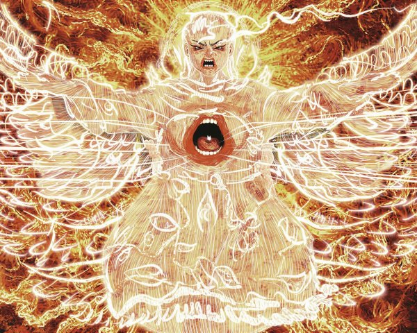 Young woman with glowing energy and angelic features