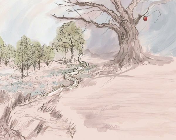 Winding Brook in a Tranquil Landscape with Apple Tree