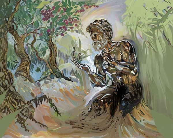 Mythical Figure Nurturing Plant in Lush Greenery