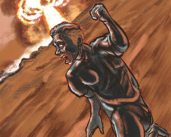 Ink Illustration of a Crouching Man in Agony