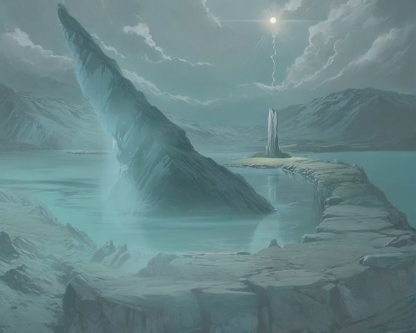 Serene Landscape with Jagged Rocks and Tranquil Lake
