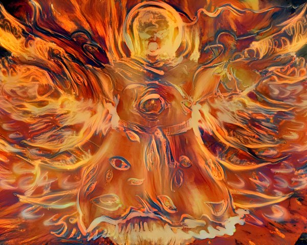 Ethereal Figure in Flames with Flowing Dress and Patterns