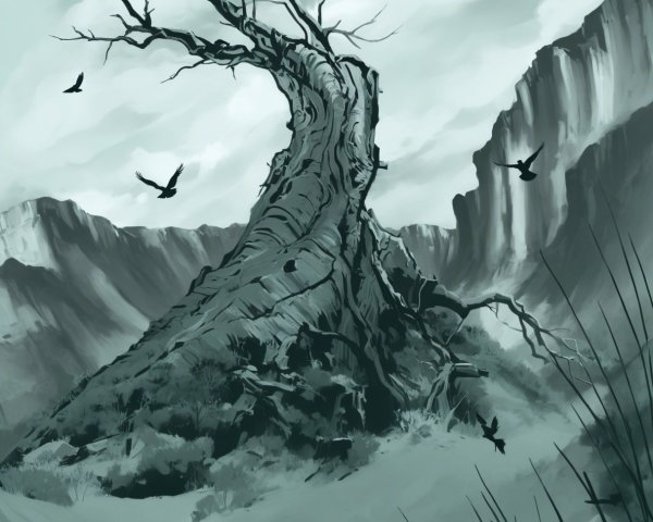 Ancient Tree in Rugged Mountains with Vultures Above