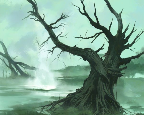 Serene Marshland with Leafless Tree and Foggy Atmosphere
