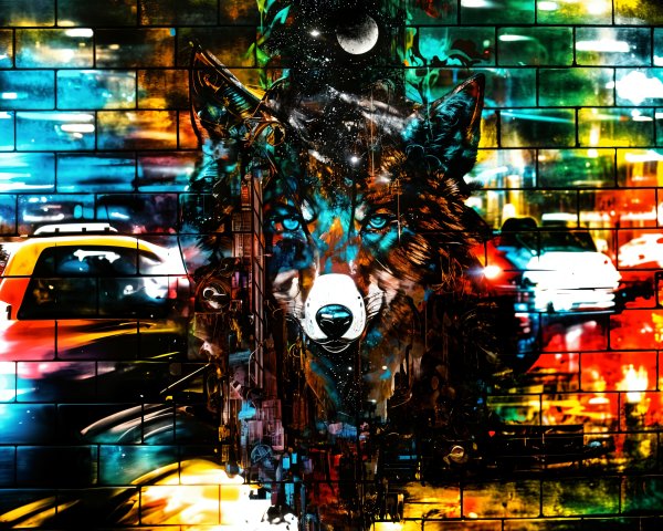 Urban Mural of a Detailed Wolf's Head with City Lights