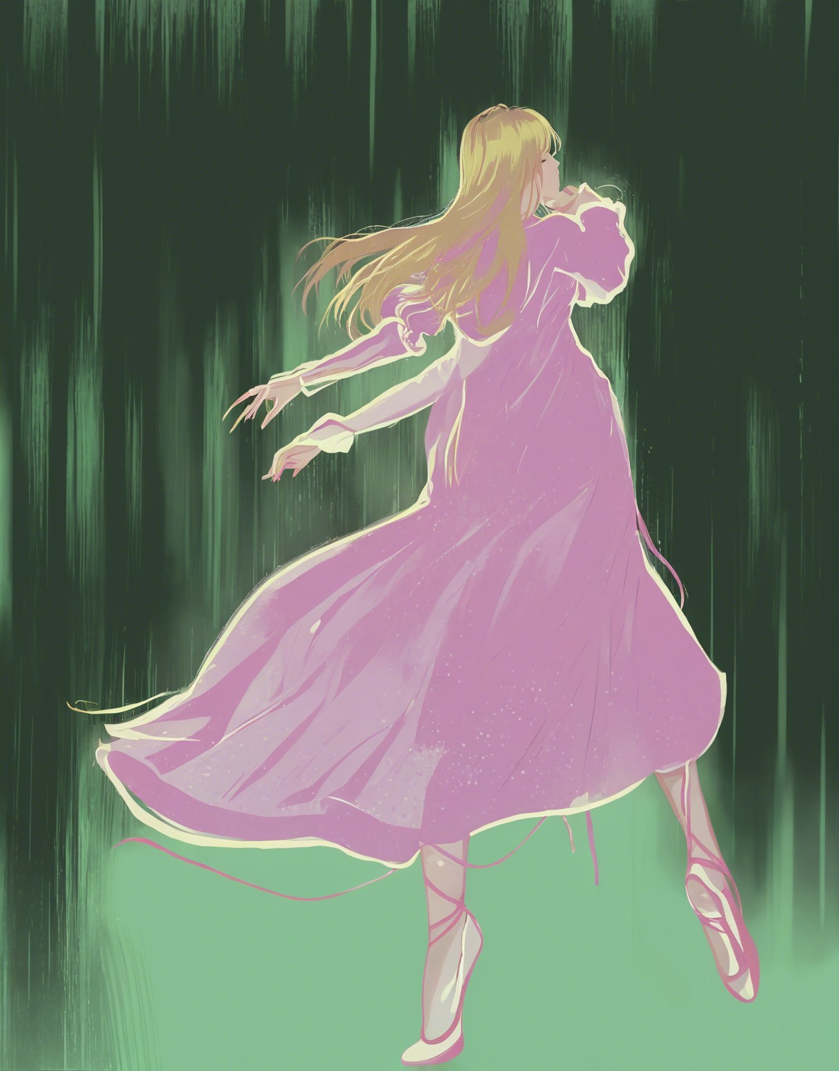 Pastel Pink Dress and Ballet Shoes Against Green Background