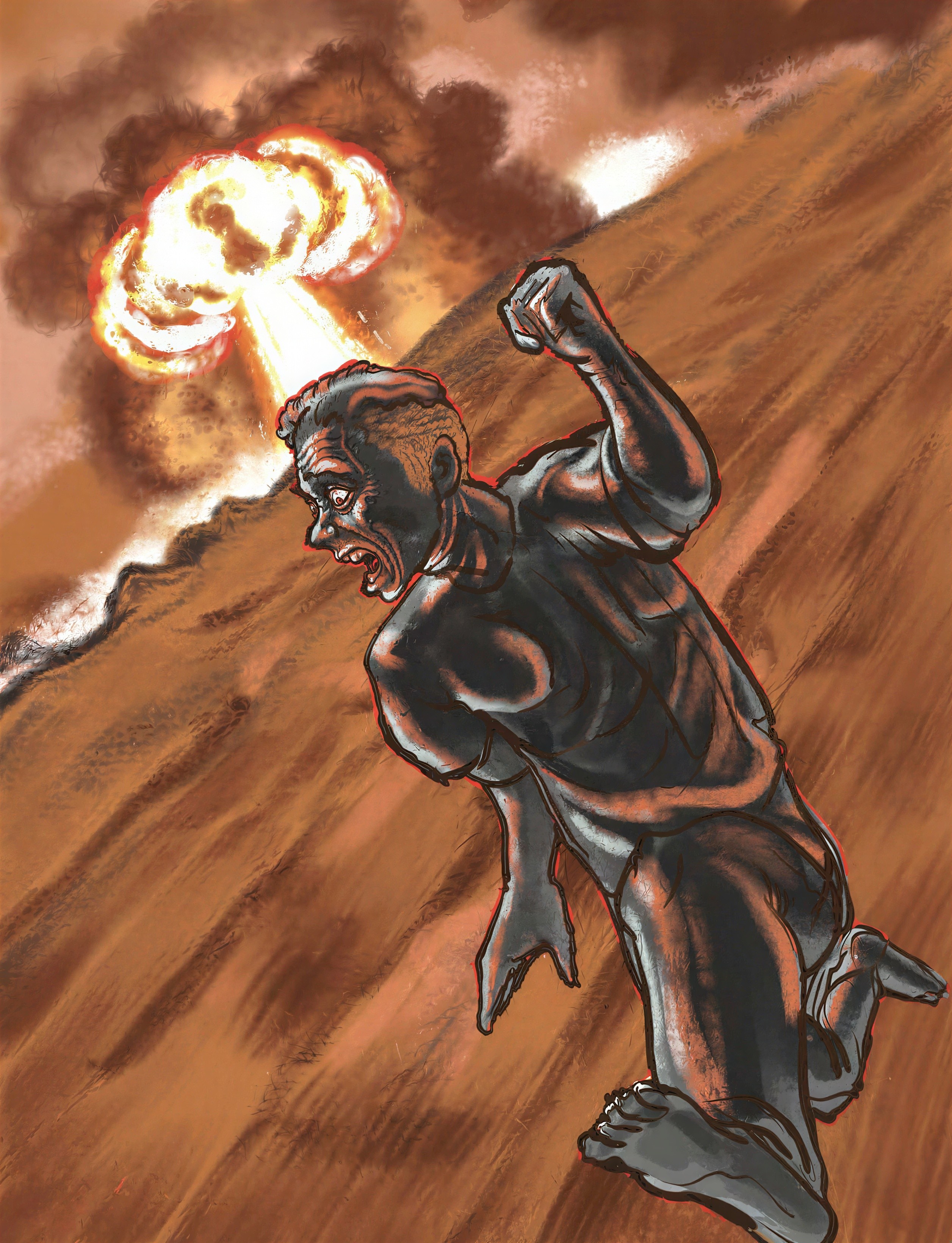 Ink Illustration of a Crouching Man in Agony