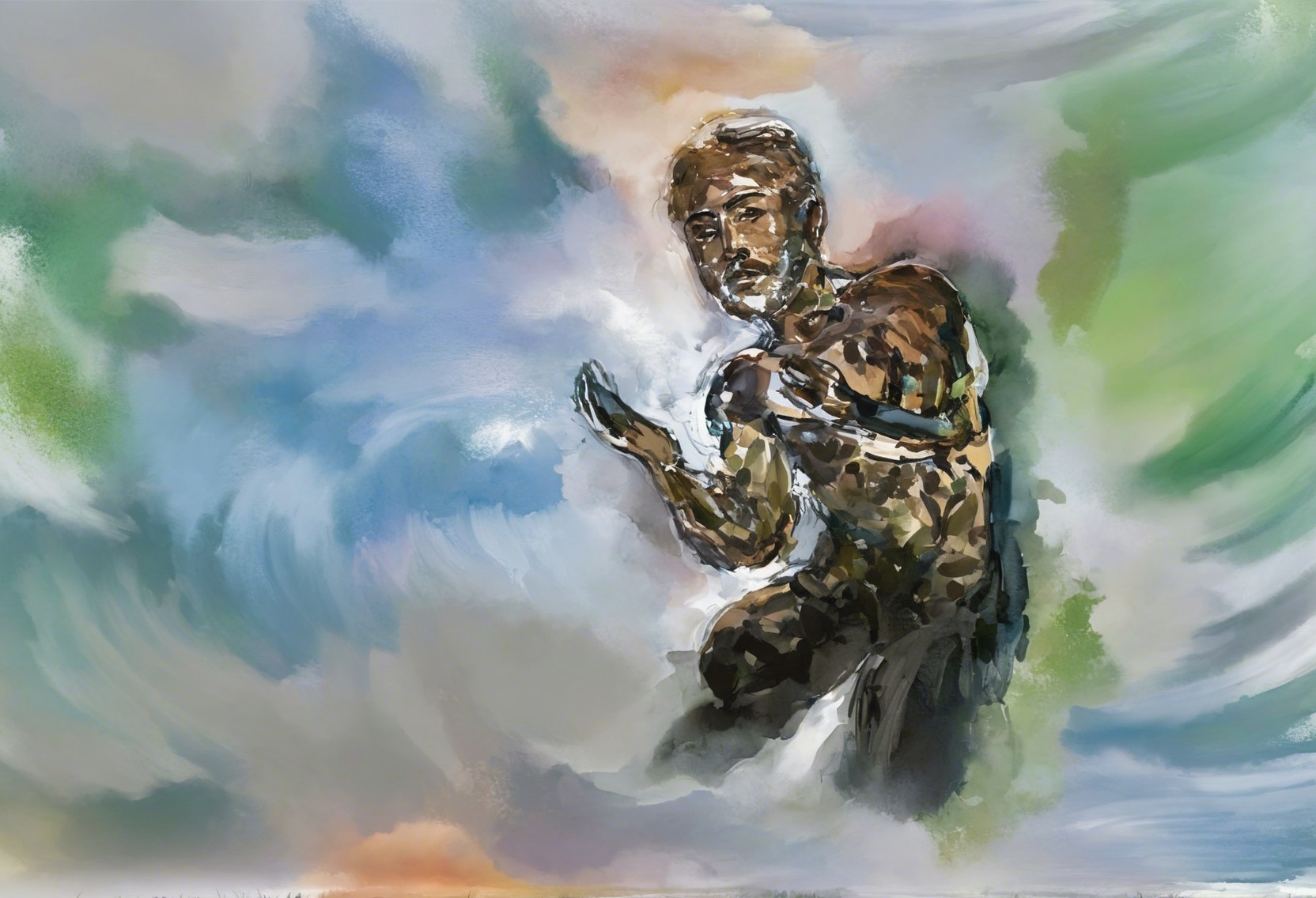 Thoughtful Figure Against Colorful Swirling Background
