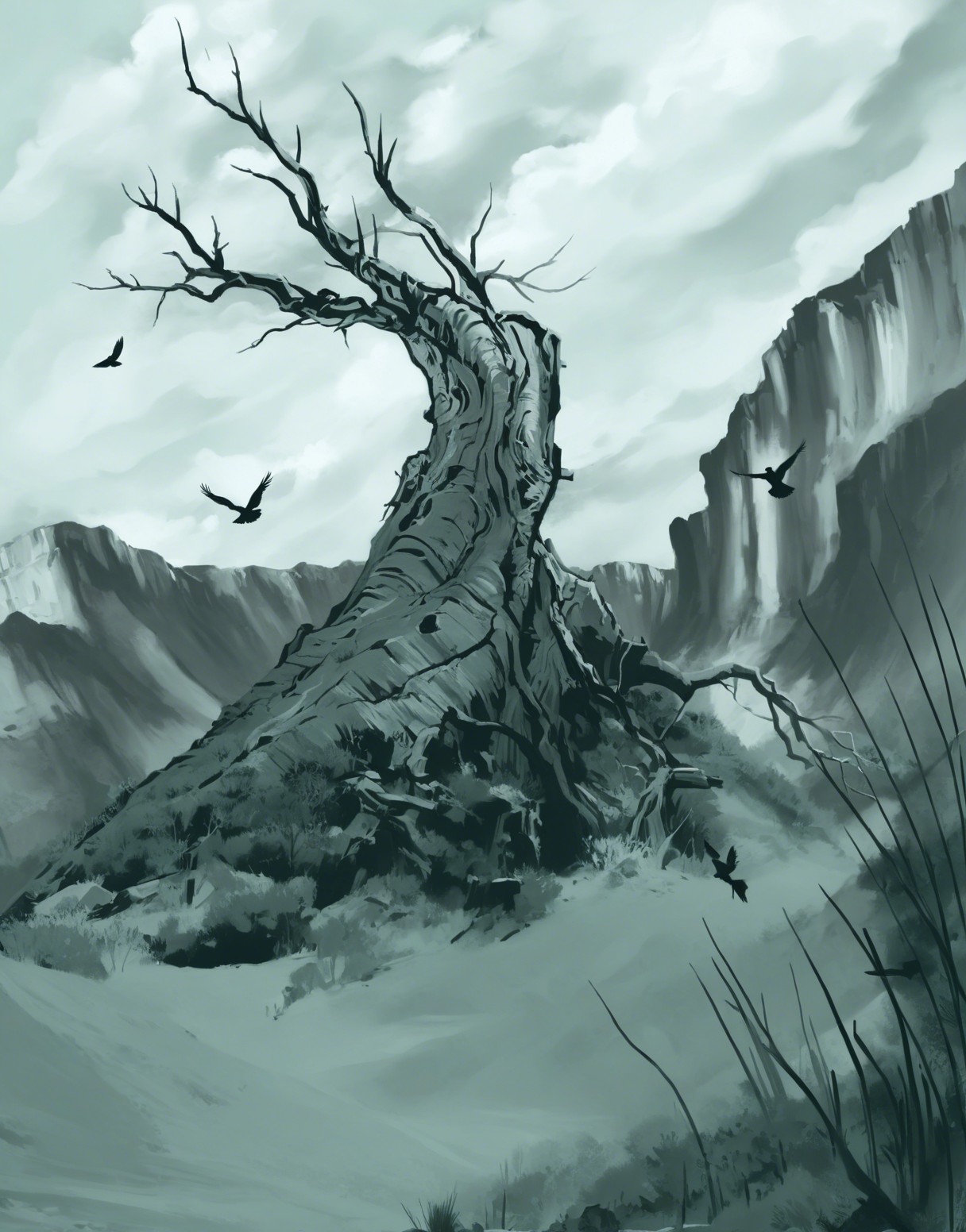 Ancient Tree in Rugged Mountains with Vultures Above