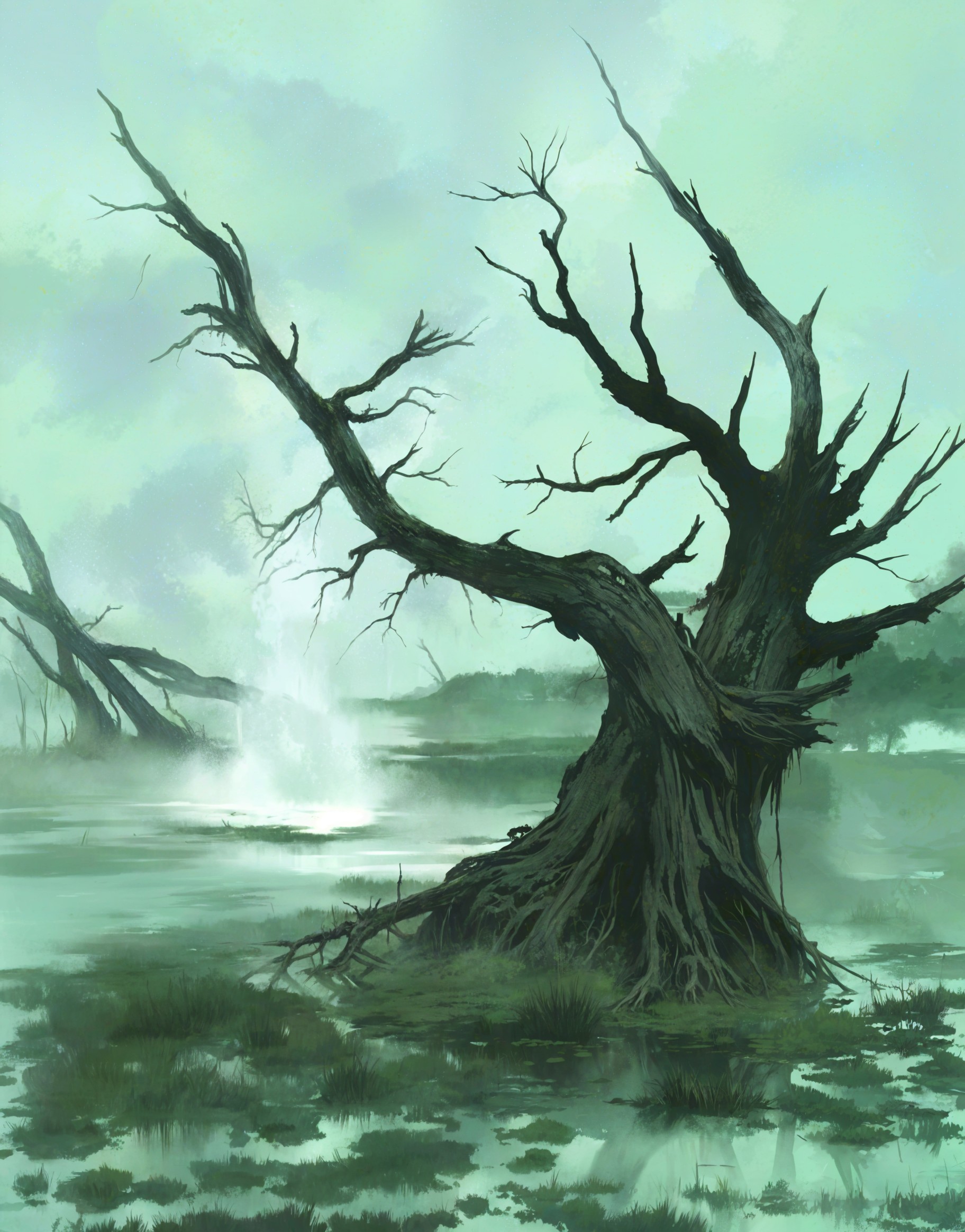 Serene Marshland with Leafless Tree and Foggy Atmosphere