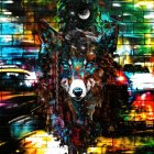 Urban Mural of a Detailed Wolf's Head with City Lights