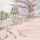 Winding Brook in a Tranquil Landscape with Apple Tree