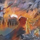 Warrior with Sword and Wolf at Fiery Sunset Landscape