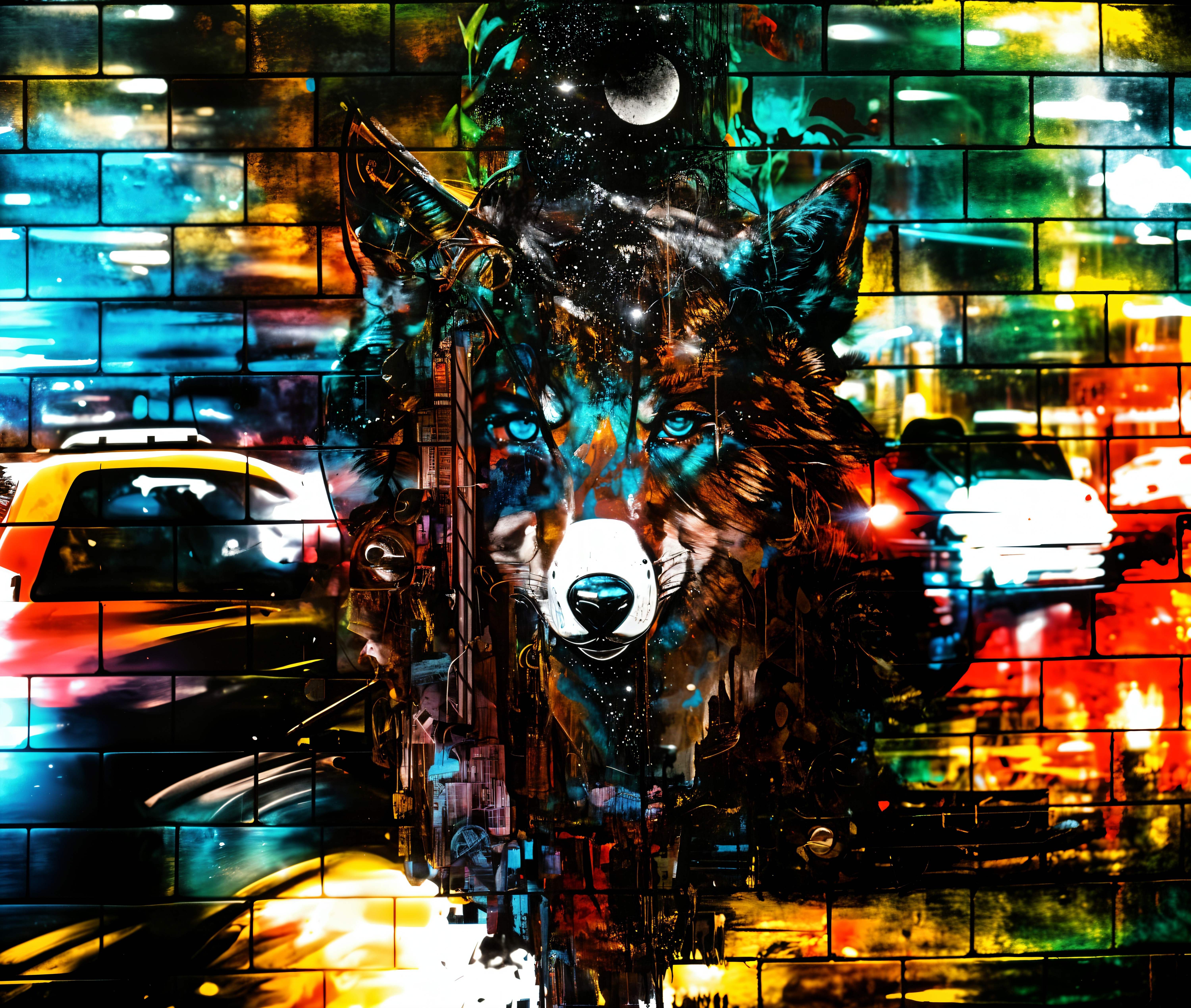 Urban Mural of a Detailed Wolf's Head with City Lights