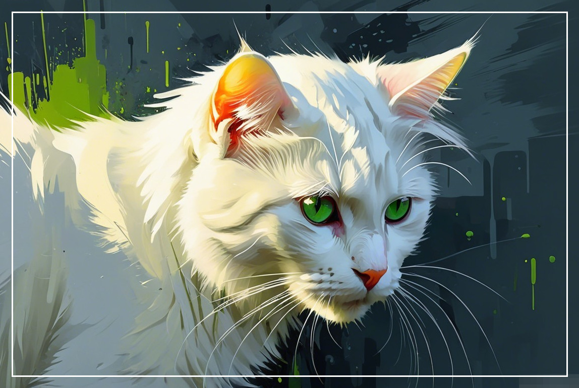 White Cat with Green Eyes in Abstract Background