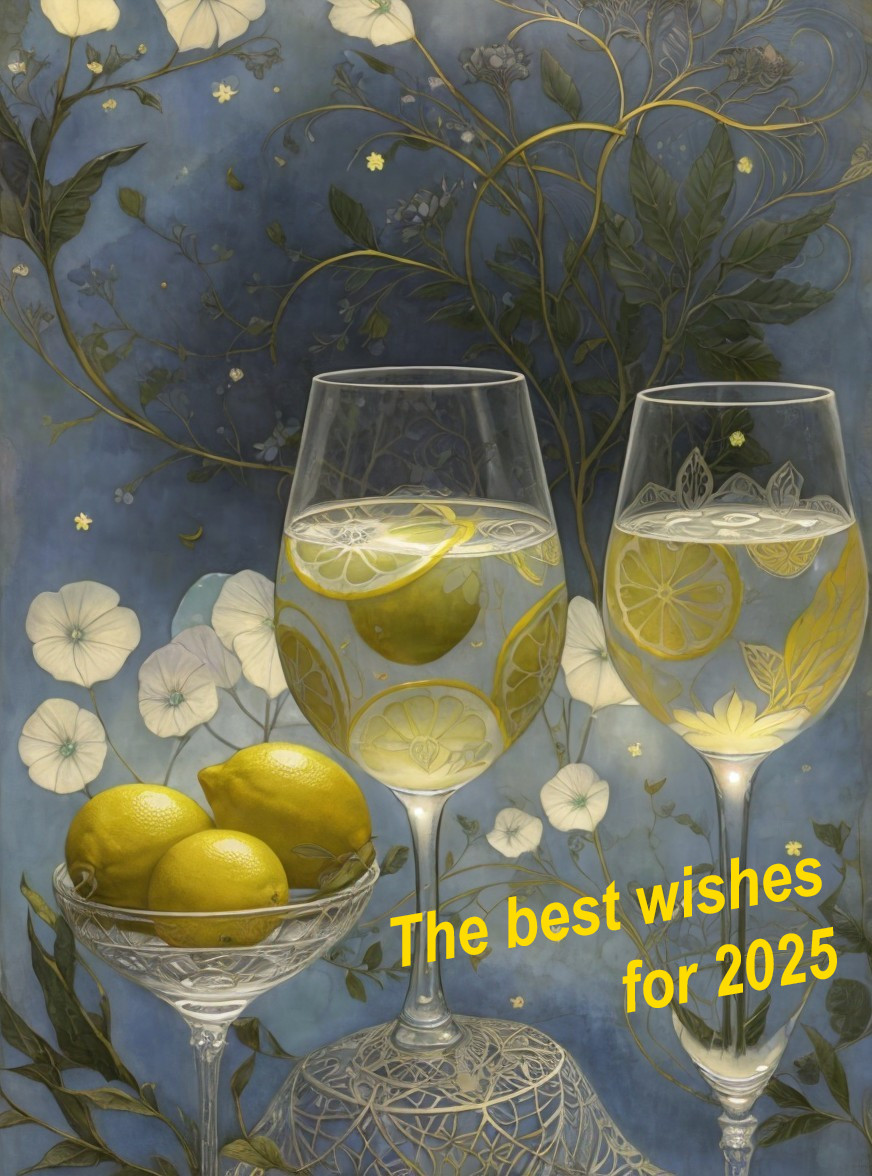 Elegant Glasses with Lemon Drinks and Botanical Patterns