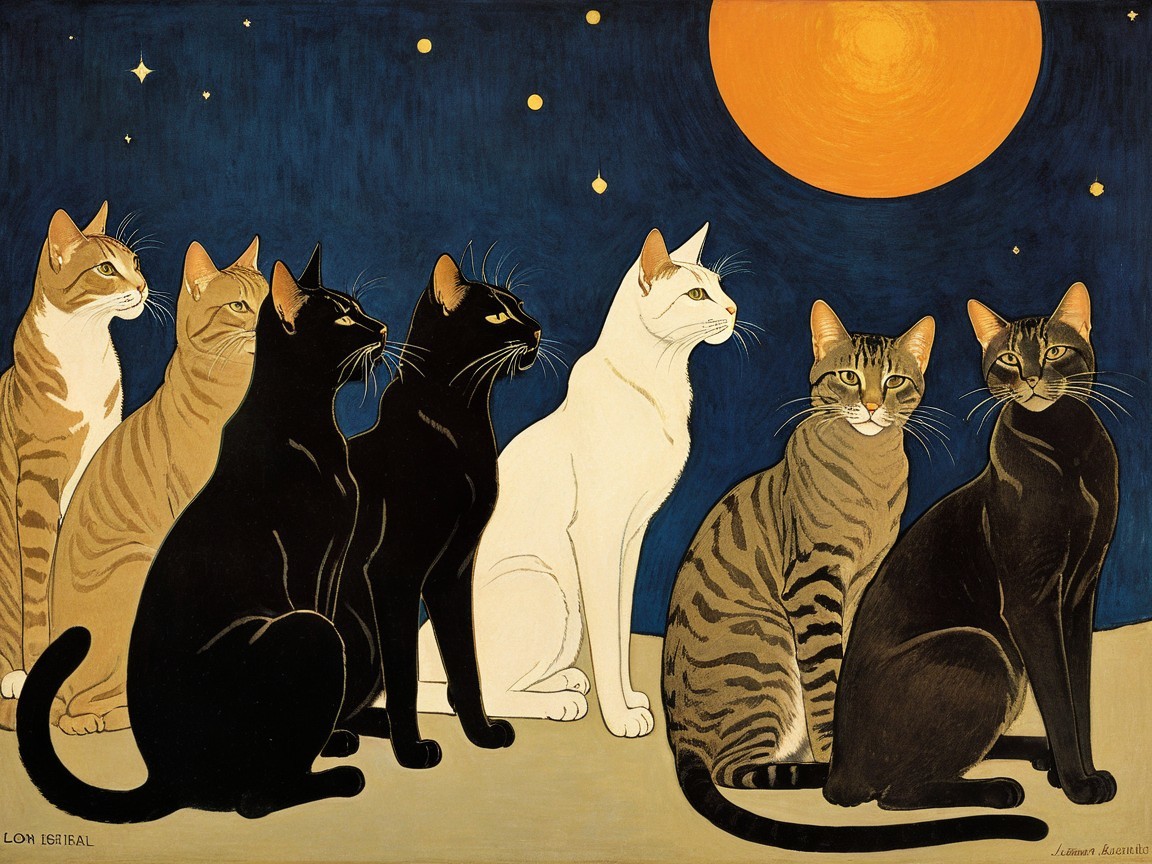 Vibrant Painting of Seven Cats Under a Night Sky