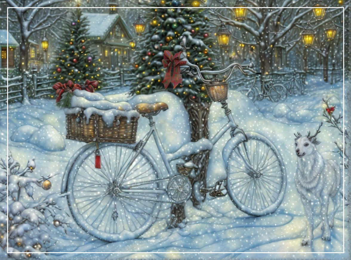 Winter Wonderland with Snowflakes and Vintage Bicycle