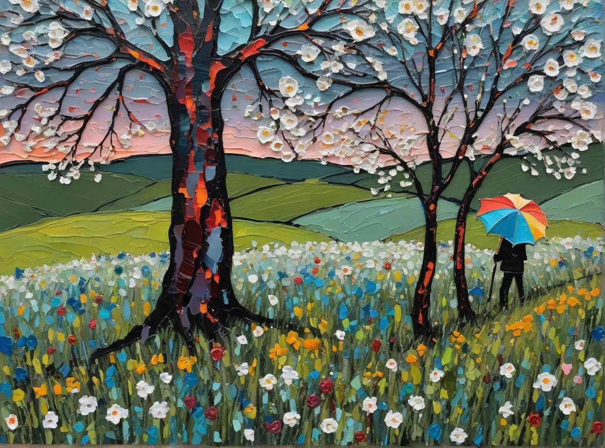 Vibrant Landscape with Blossoming Trees and Umbrella
