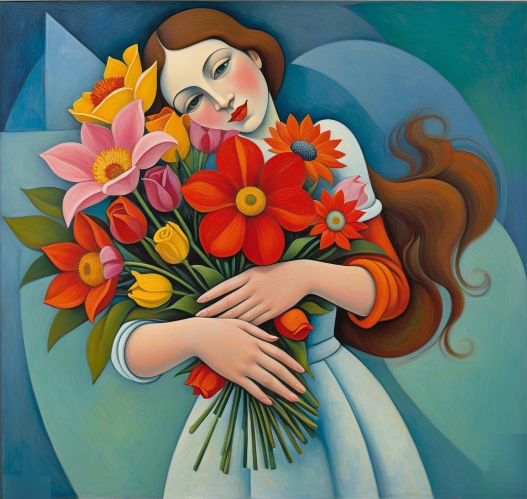 Woman with Flowers in a Serene Colorful Setting