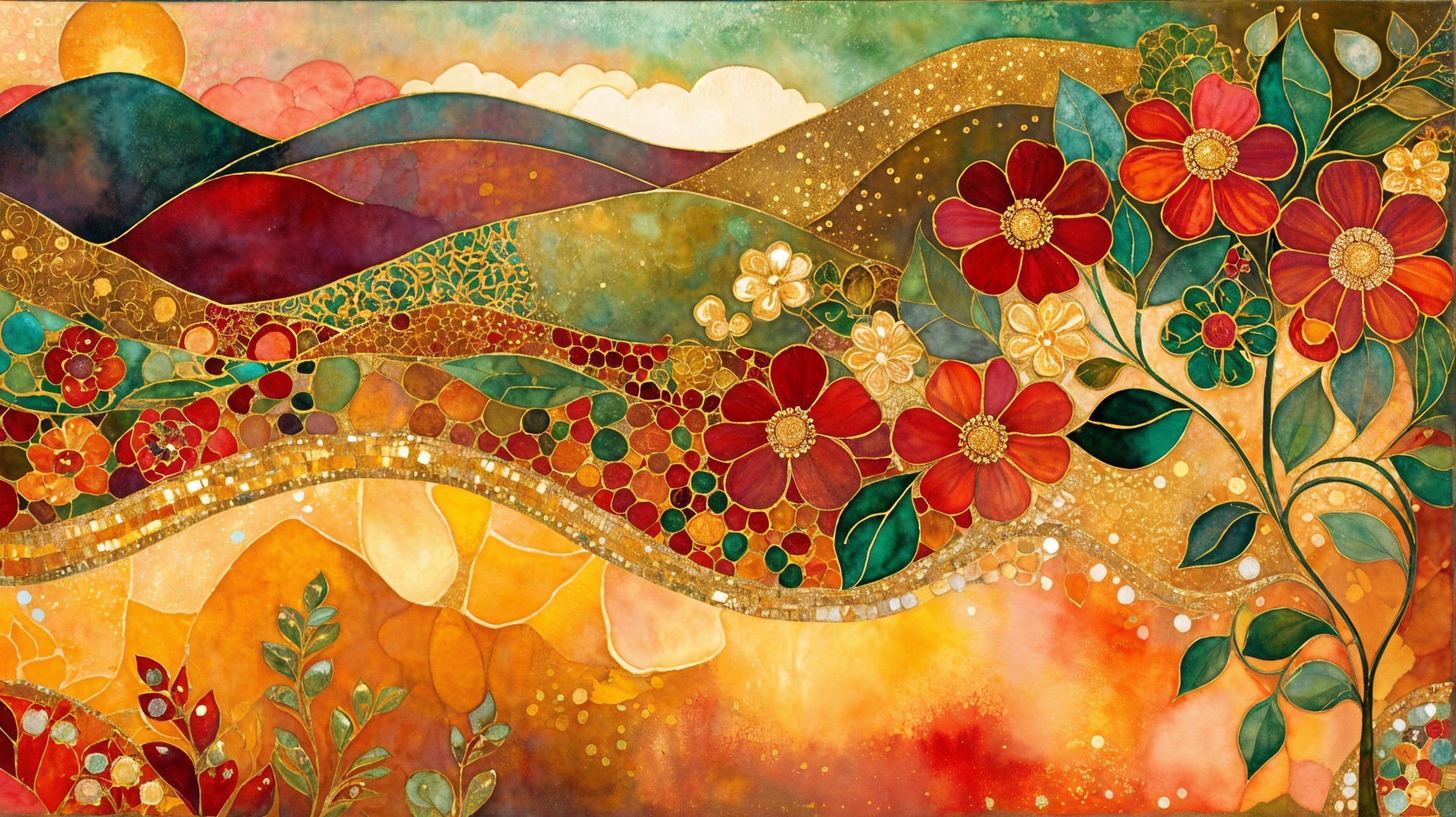 Vibrant Abstract Landscape with Bold Floral Patterns
