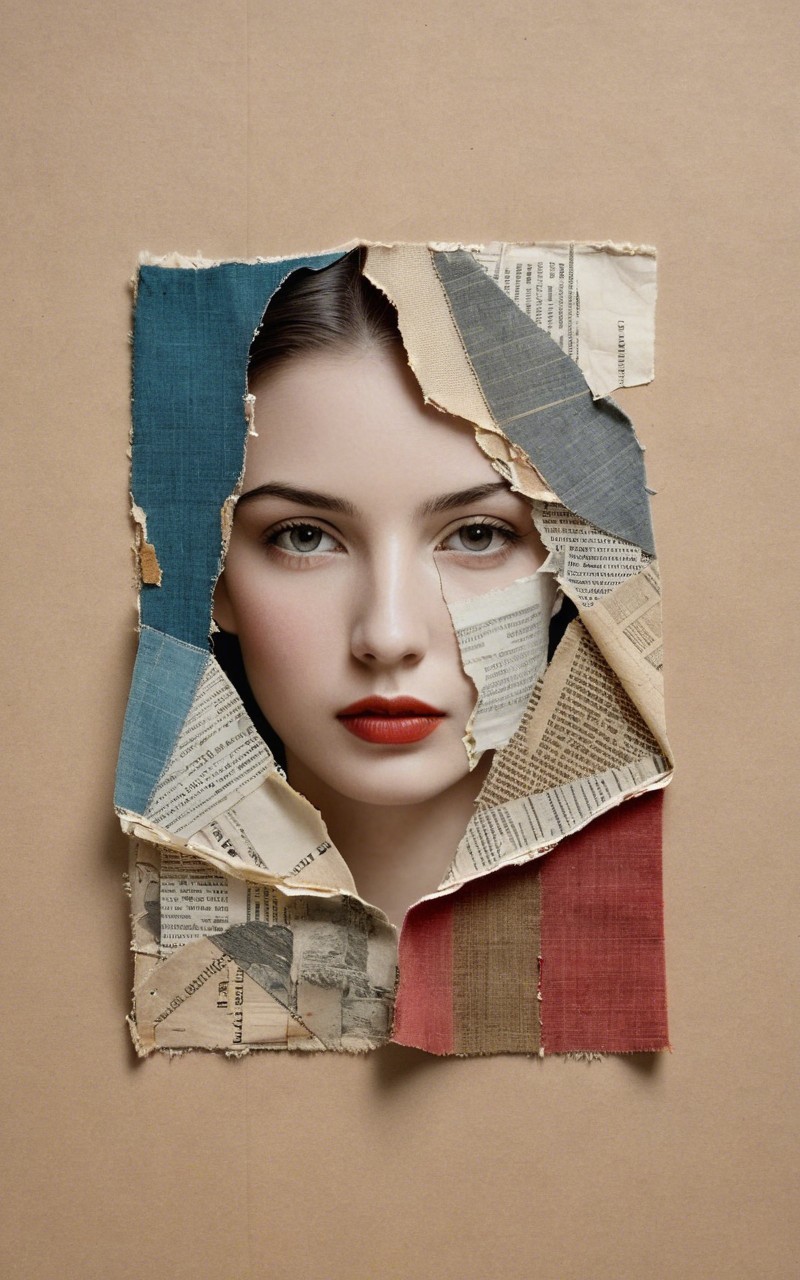 Portrait of a Woman with Fabric and Newspaper Elements