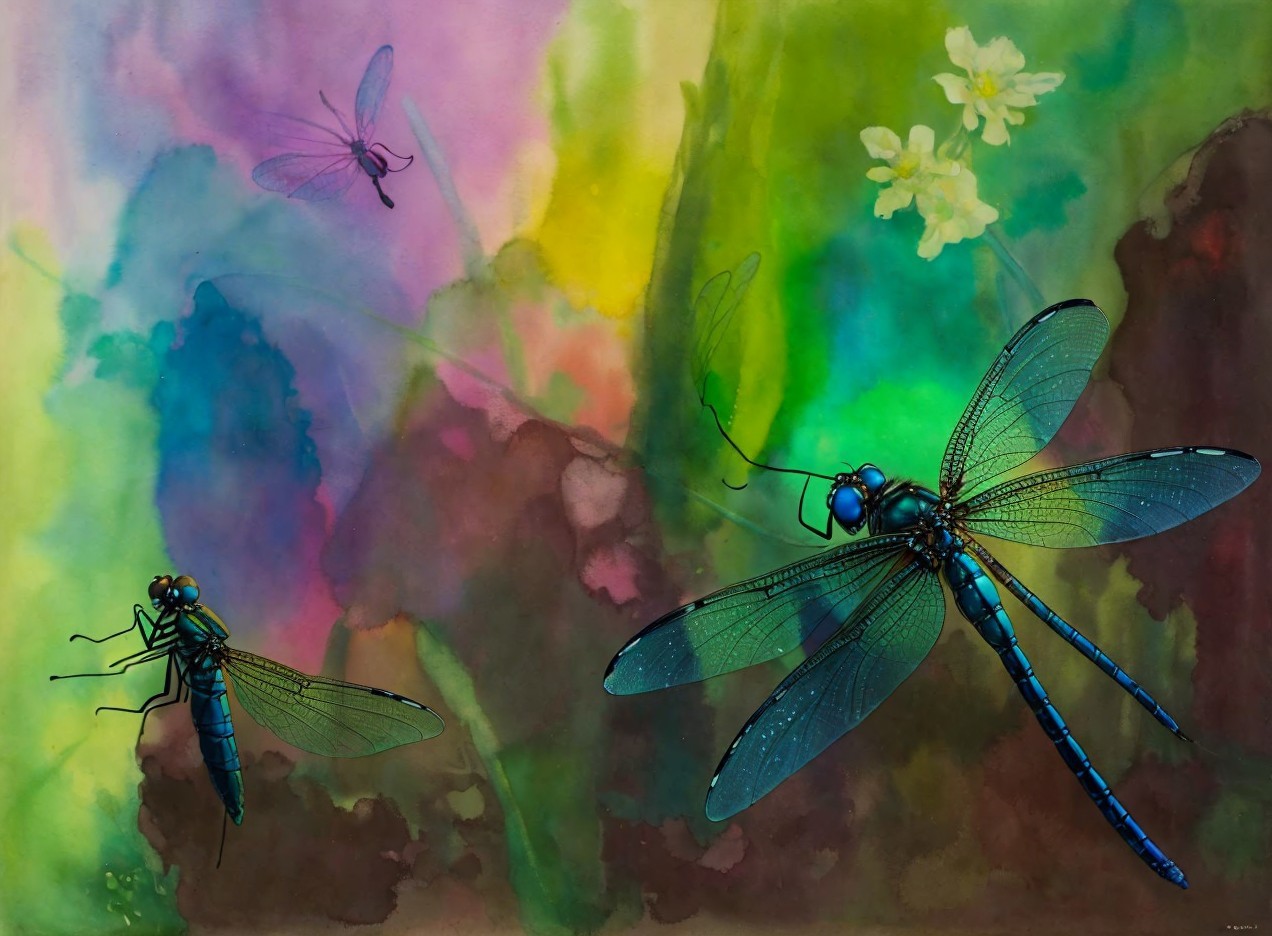 Colorful Watercolor of Dragonflies and Insects