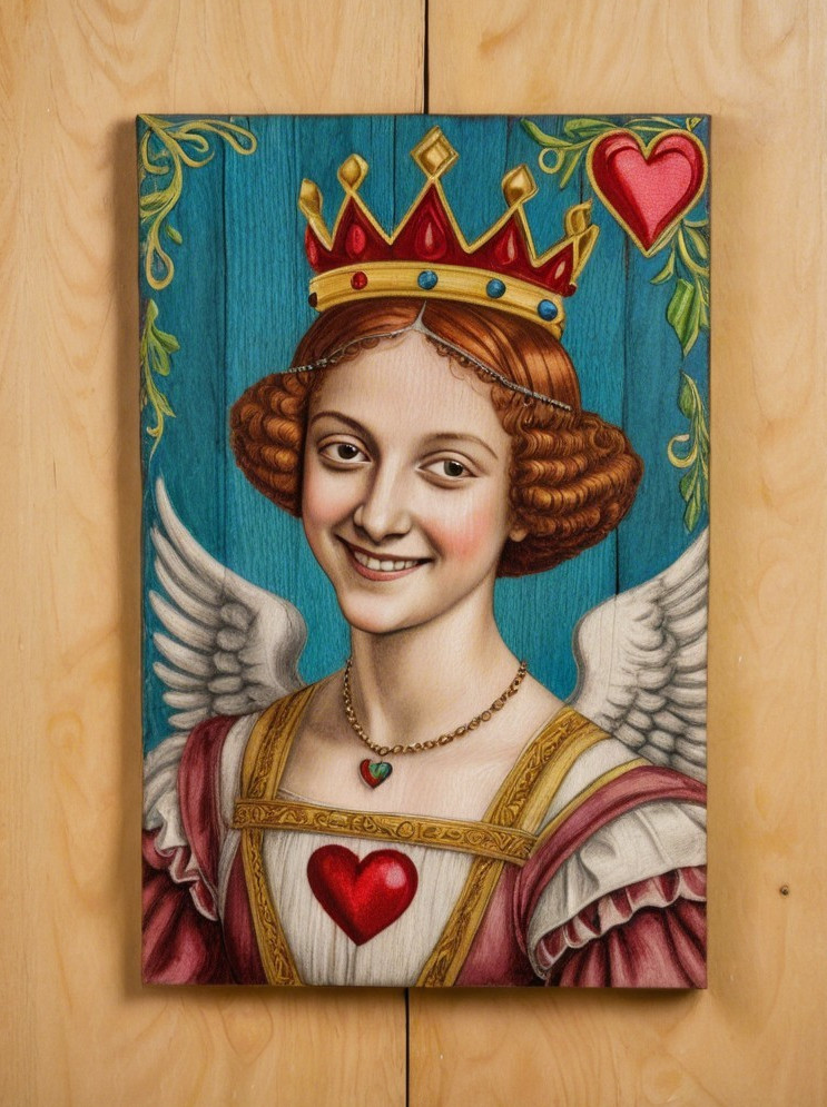 Smiling Angelic Figure in Colorful Gown and Wings