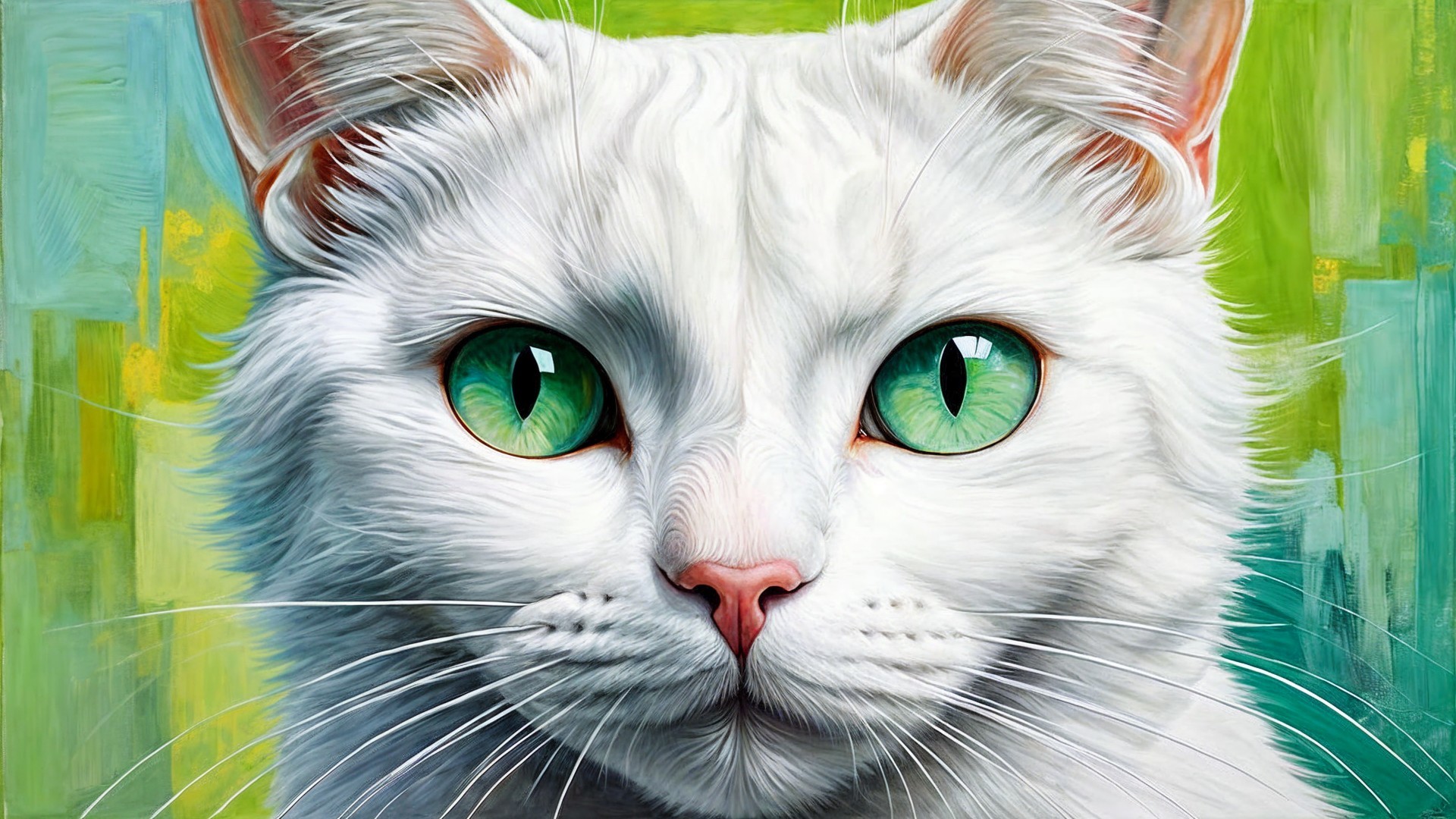 Close-up Portrait of a White Cat with Green Eyes