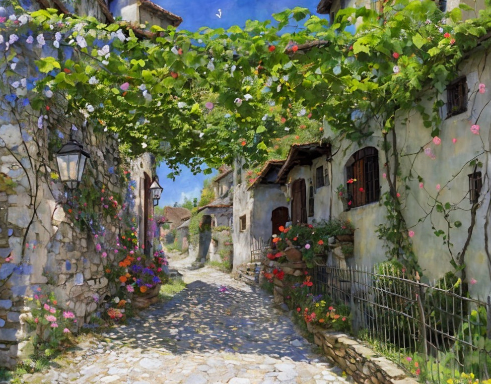 Picturesque Village Lane with Cobblestone Paths and Flowers