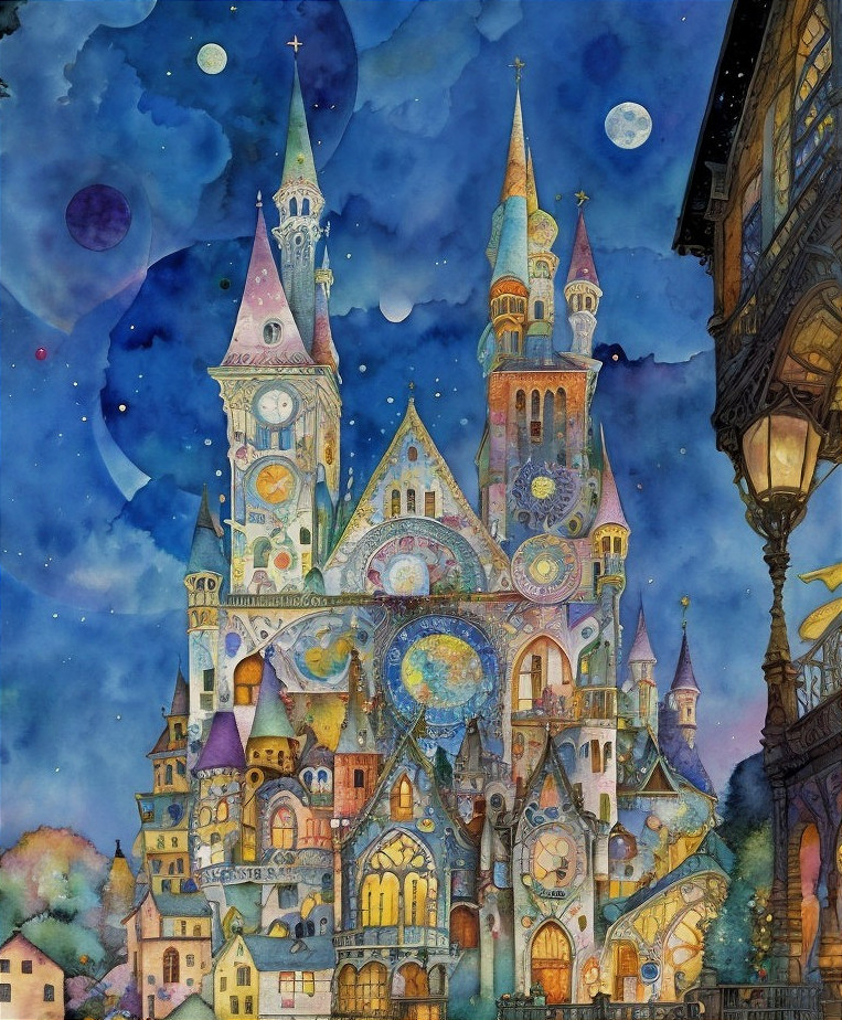 Fantasy castle watercolor painting under starry night sky