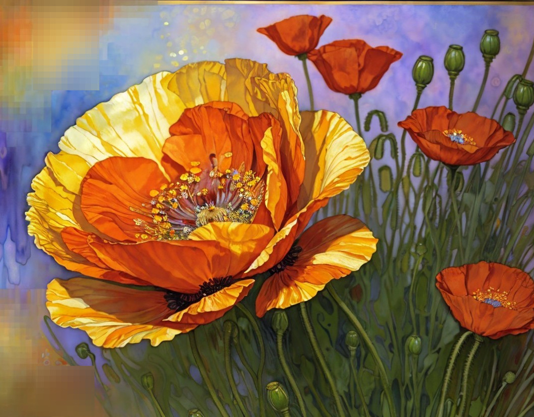 Vibrant Illustration of Blooming Poppies in Detail