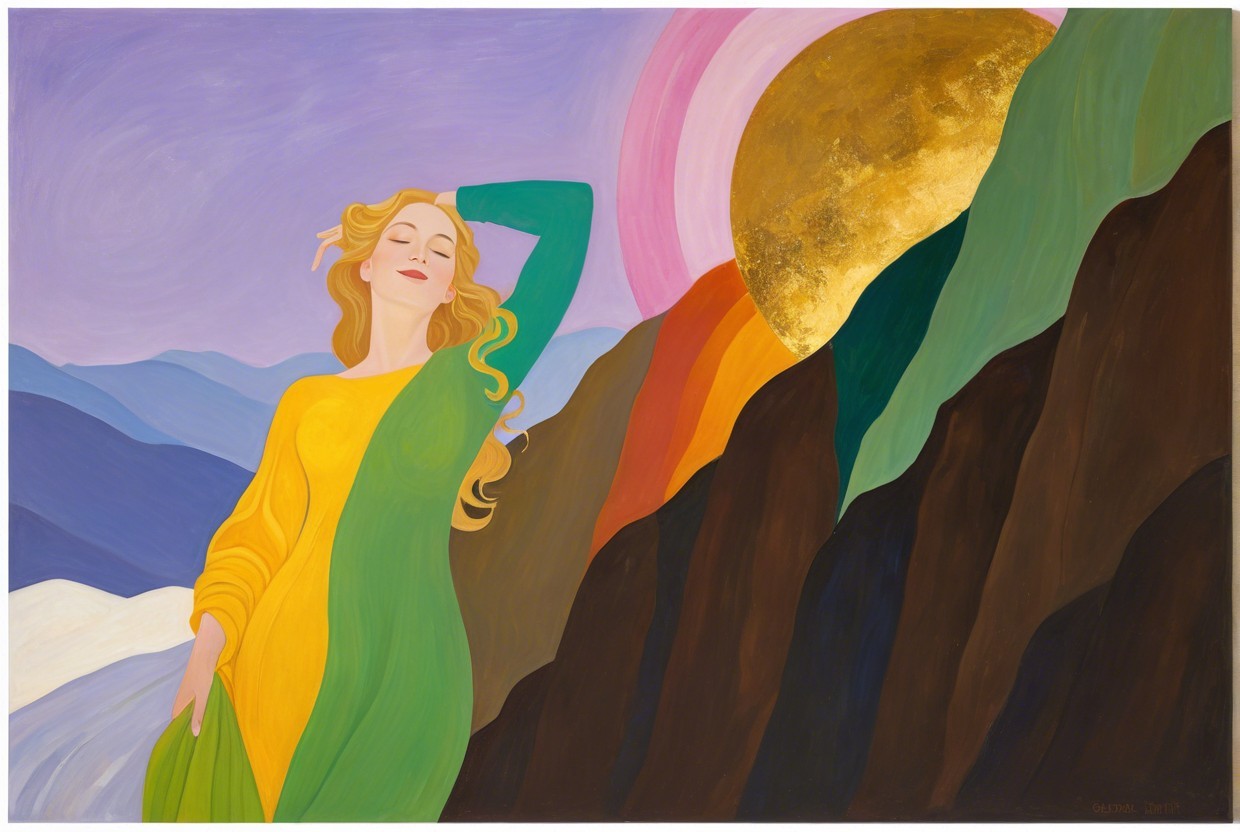 Serene Woman in Yellow and Green Dress in Nature