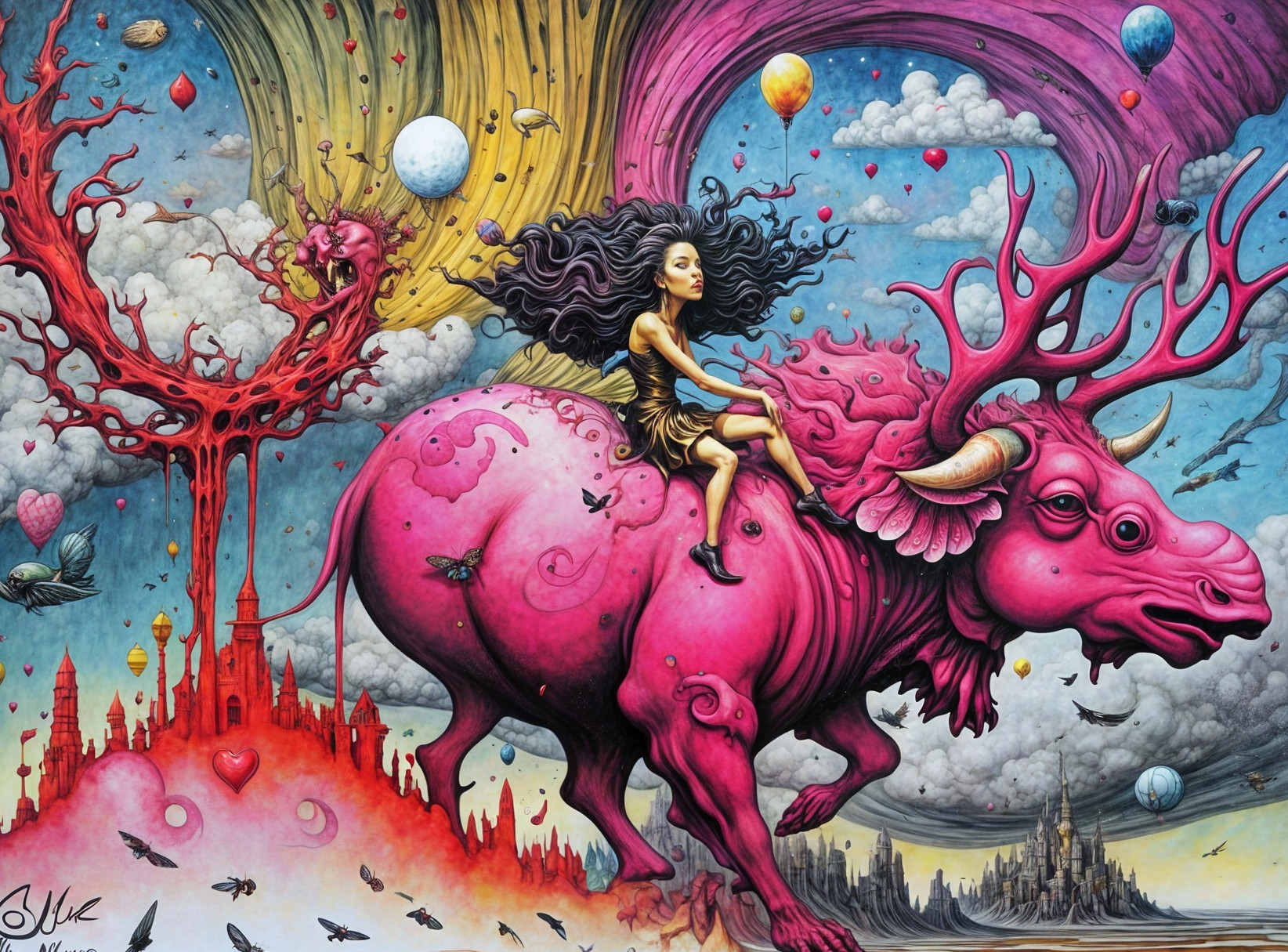 Whimsical Scene of Girl Riding Pink Creature in Fantasy