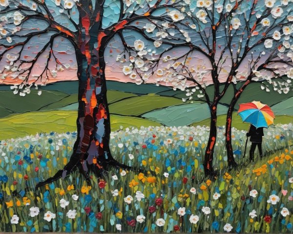 Vibrant Landscape with Blossoming Trees and Umbrella