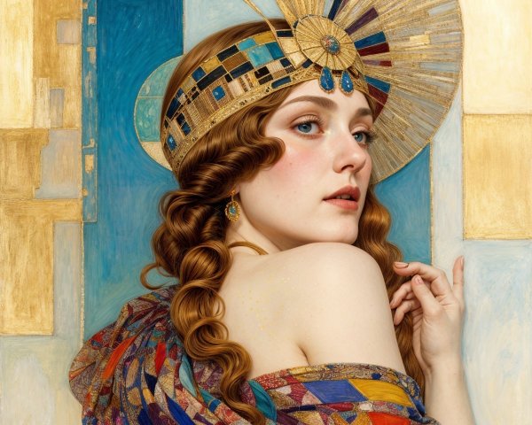 Woman with Auburn Hair and Golden Headpiece Artwork