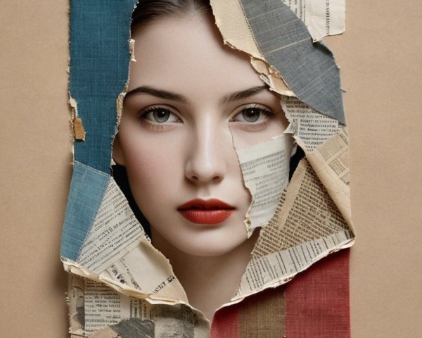 Portrait of a Woman with Fabric and Newspaper Elements