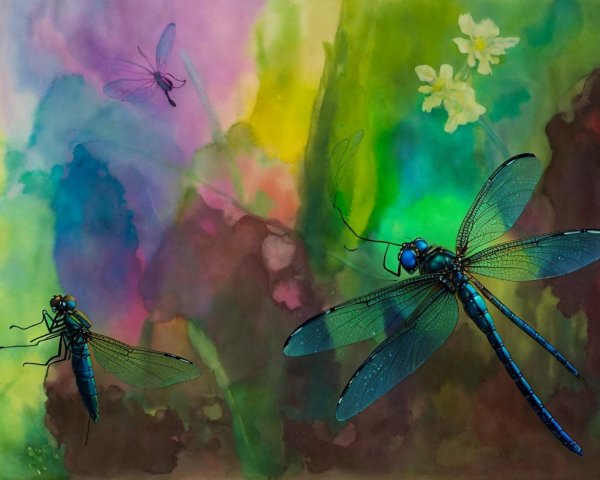Colorful Watercolor of Dragonflies and Insects