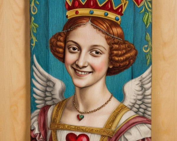 Smiling Angelic Figure in Colorful Gown and Wings