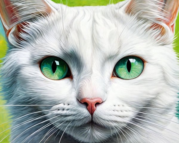 Close-up Portrait of a White Cat with Green Eyes