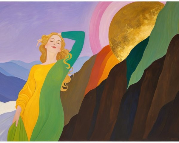 Serene Woman in Yellow and Green Dress in Nature