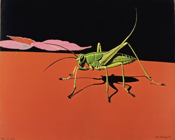 Vibrant Green Grasshopper on Red Surface with Leaf