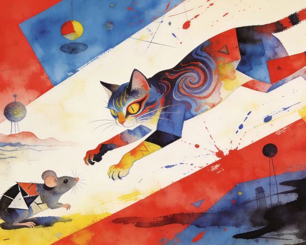 Whimsical Watercolor of Cubist Cat and Mouse Interaction