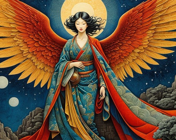 Celestial Angel in Teal Kimono with Phoenix Wings