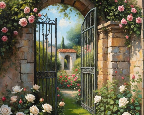 Serene Garden Scene with Wrought-Iron Gate and Flowers