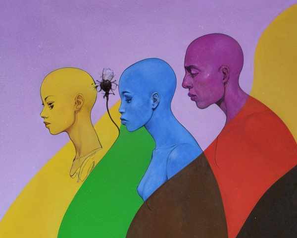 Three Stylized Figures in Vibrant Colors and Pastels