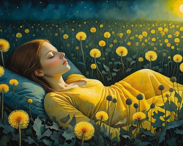 Young Woman in Yellow Dress Among Dandelions at Night