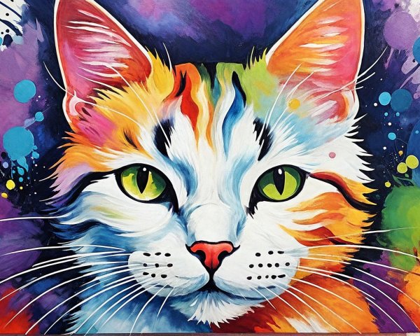 Vibrant Colorful Portrait of a Cat with Whimsical Design