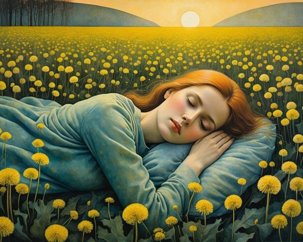 Young Woman with Red Hair in Dandelion Field